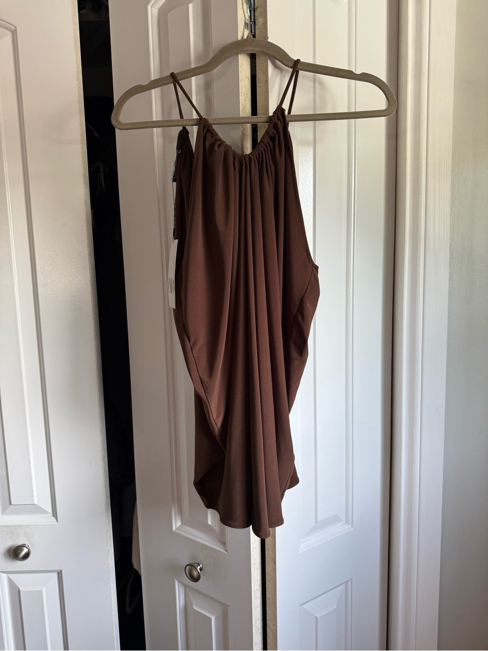 Zara Brown Draped Spaghetti Strap Blouse